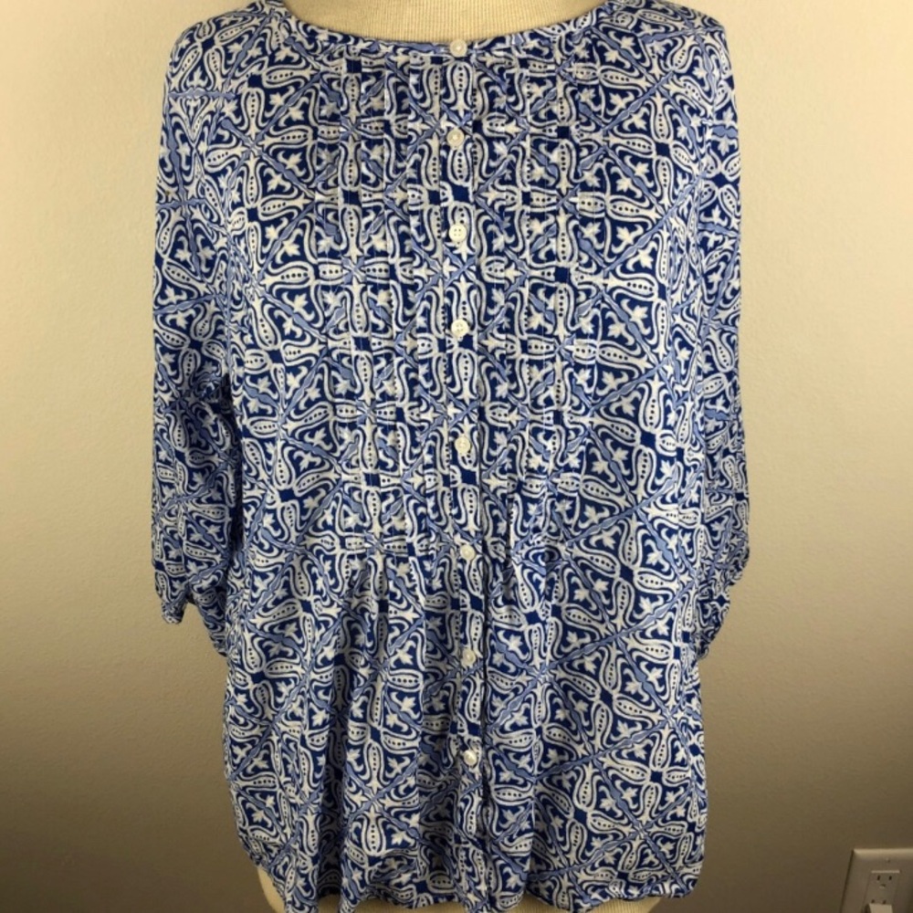 Talbots 3/4 sleeve Blue Patterned Women's Top size L
